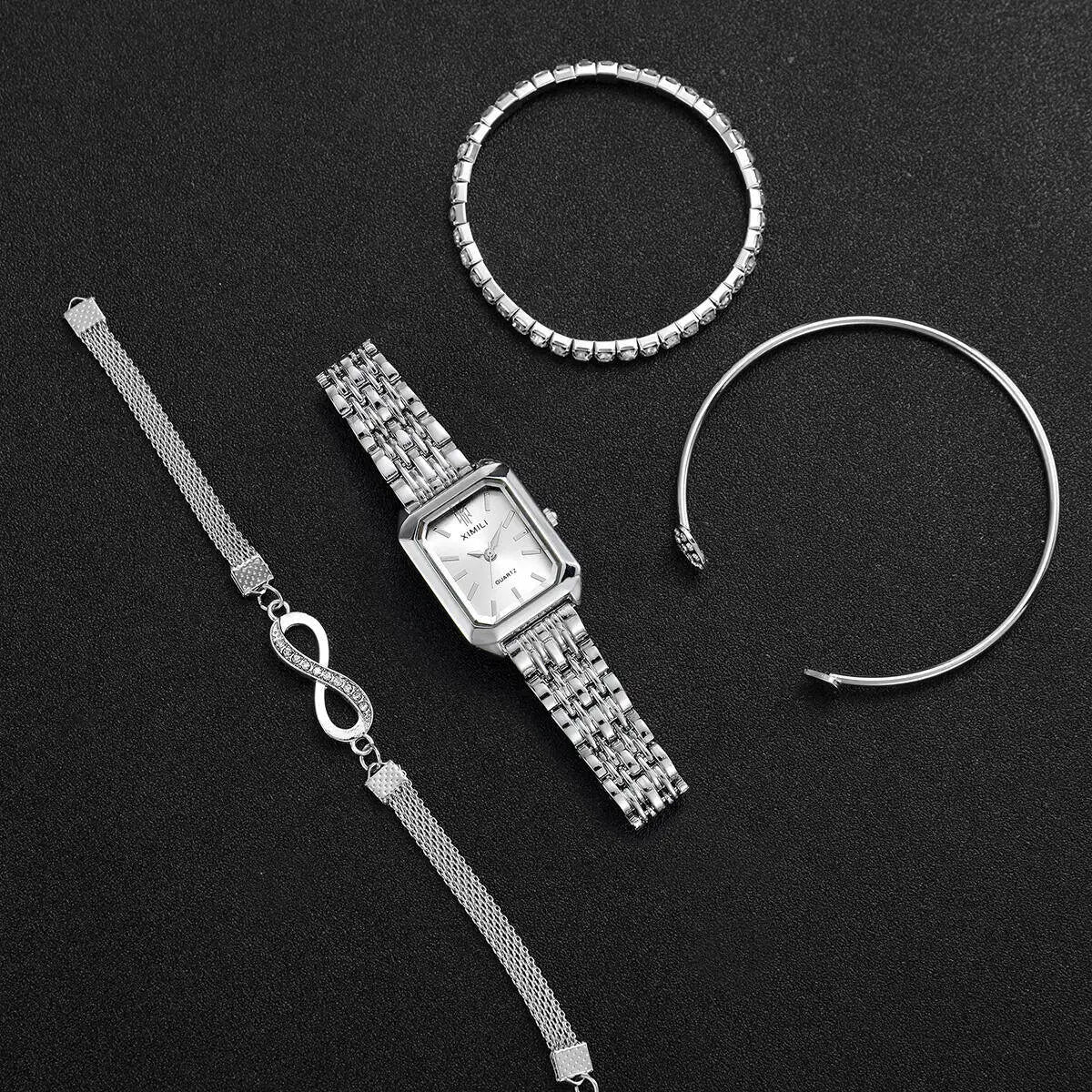Rhinestone Rectangle Women Watches – Stainless Steel Luxury Quartz Jewelry Set