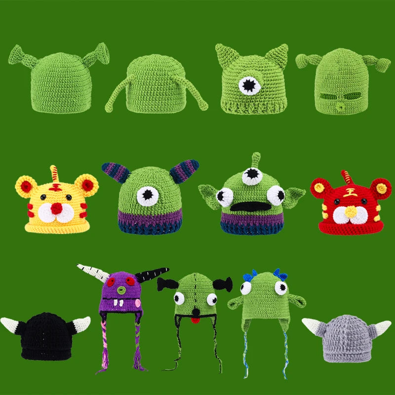 Knitted Monster Balaclava – Green Devil Hat for Halloween Cosplay Costume