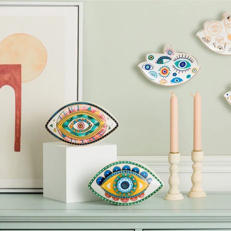 Ceramic Evil Eye Figurine – Lucky Amulet Ornament for Home Living Room Decor