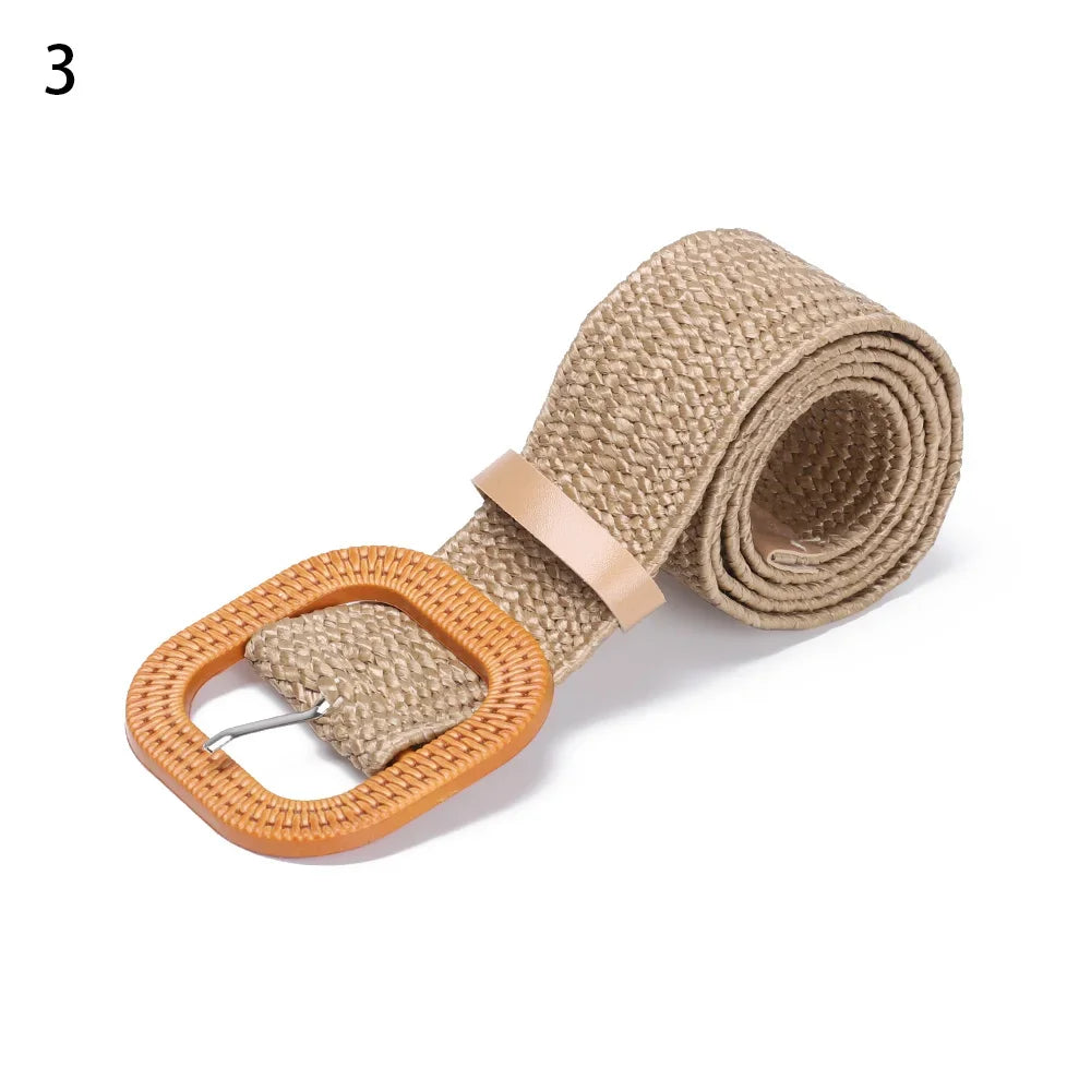 Woven Straw Waist Belt – Round Wooden Buckle for Summer Dress Accessories