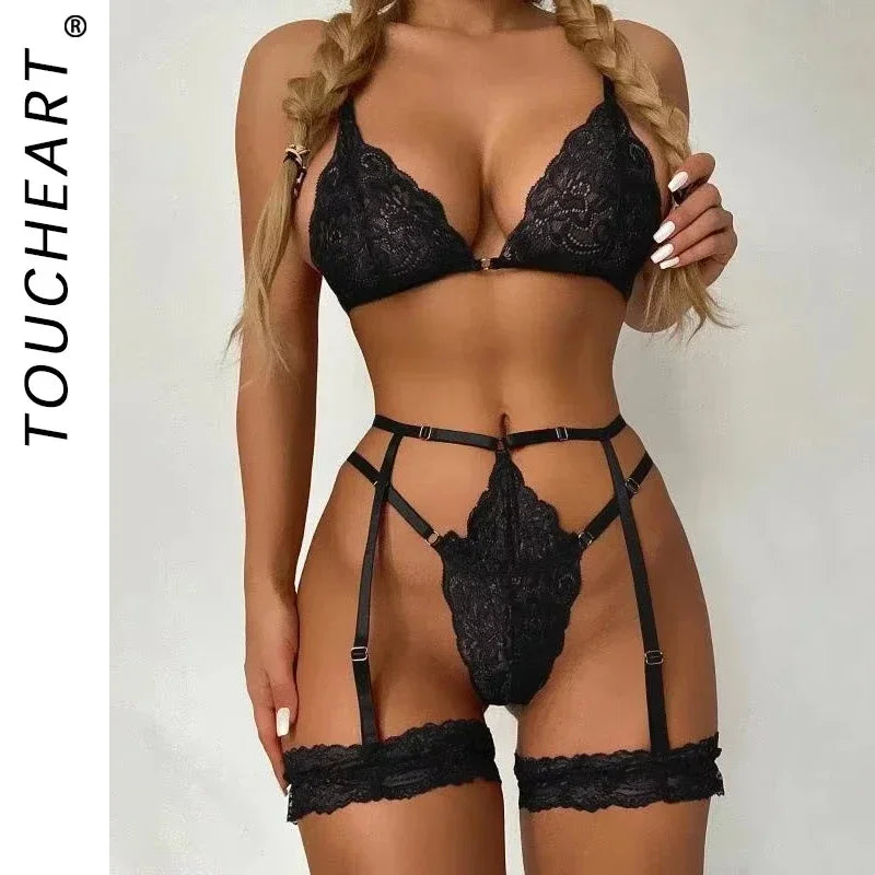 Transparent Lace Lingerie Set – Sexy 3 Piece Sleepwear for Women