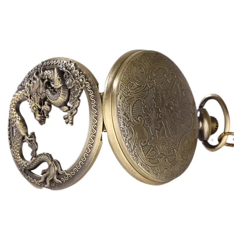 Vintage Hollow Chinese Dragon Pocket Watch – Roman Numeral Necklace Gift