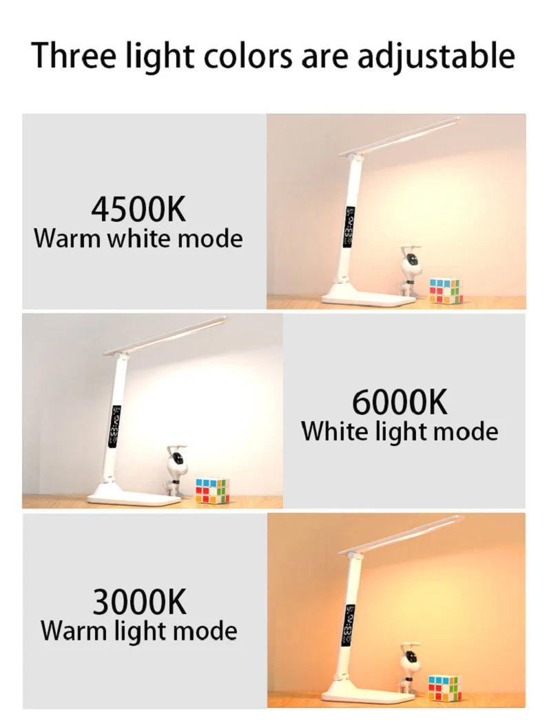 LED Desk Lamp – Rechargeable Touch Light with Alarm and Thermometer for Study