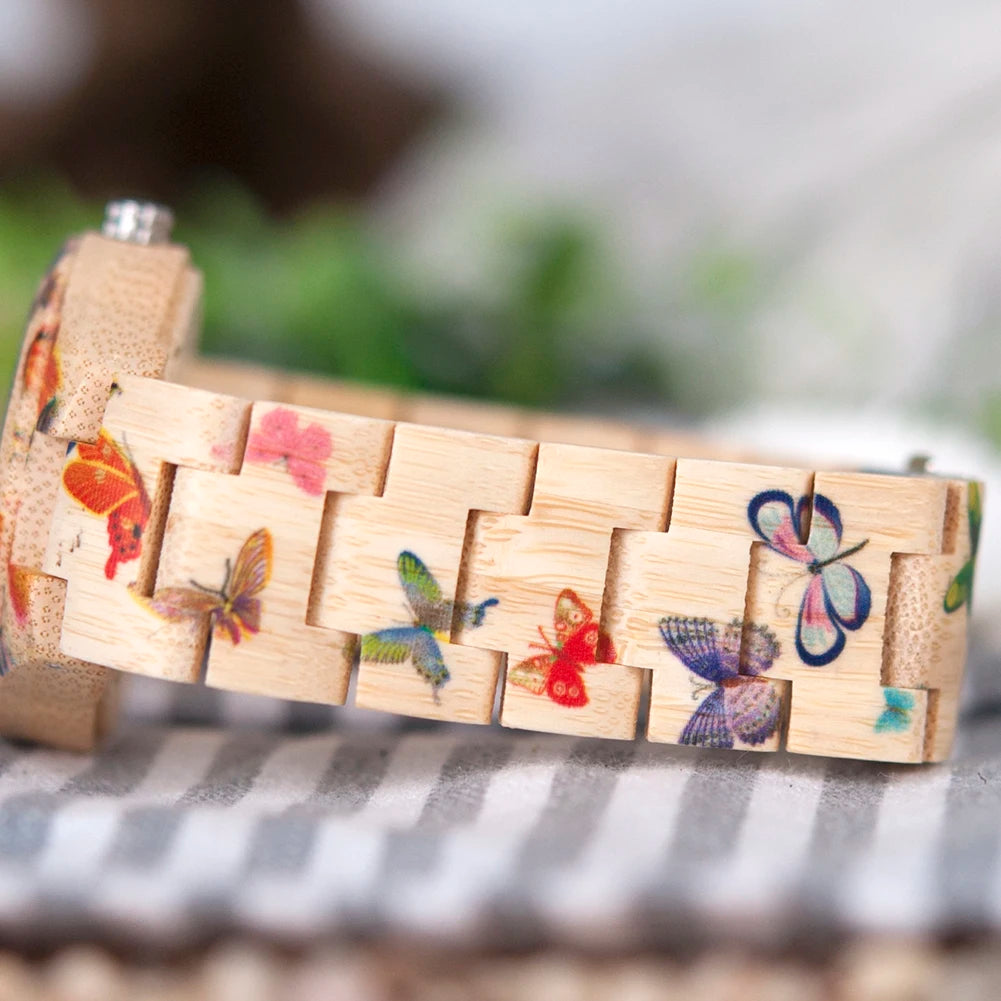 BOBO BIRD Wooden Women's Watch – Floral Engraved Handmade Quartz Wristwatch