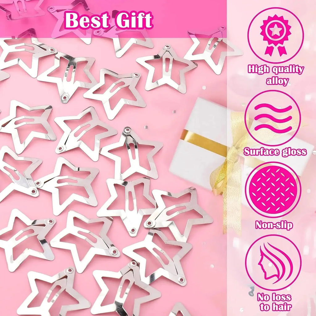 Silver Star Snap Hair Clips – Metal Y2K Barrettes for Girls Hairstyles