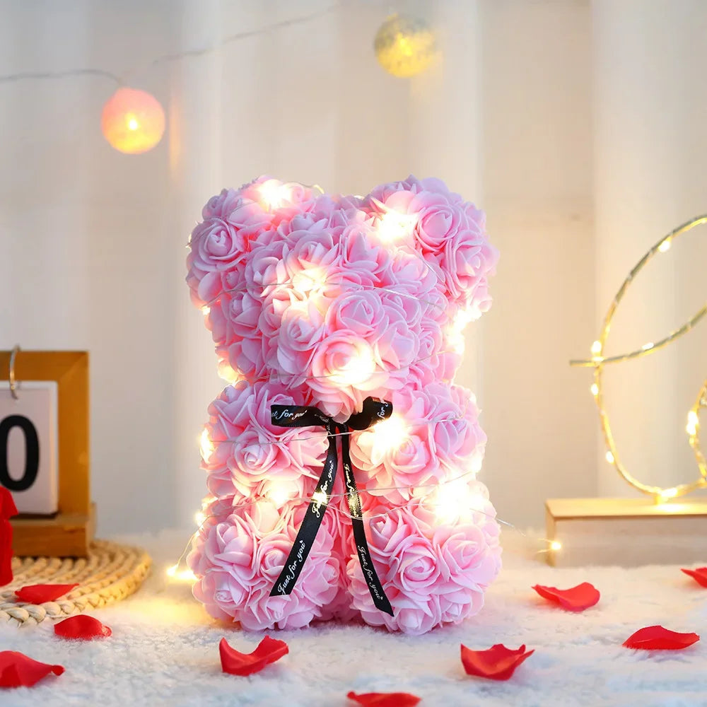 Artificial Rose Teddy Bear – 25cm Flower Gift for Valentines Anniversary