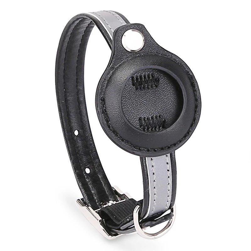 Adjustable Leather Airtag Collar – Reflective GPS Tracker for Pets