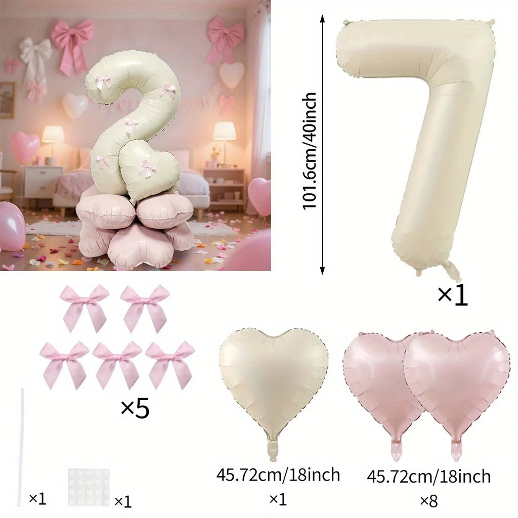 40-Inch Cream White Number Balloon Set – Heart Foil Decor for Kids Birthday