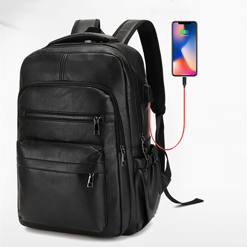 PU Leather USB Charging Laptop Backpack – Large Travel Bag for Men and Students