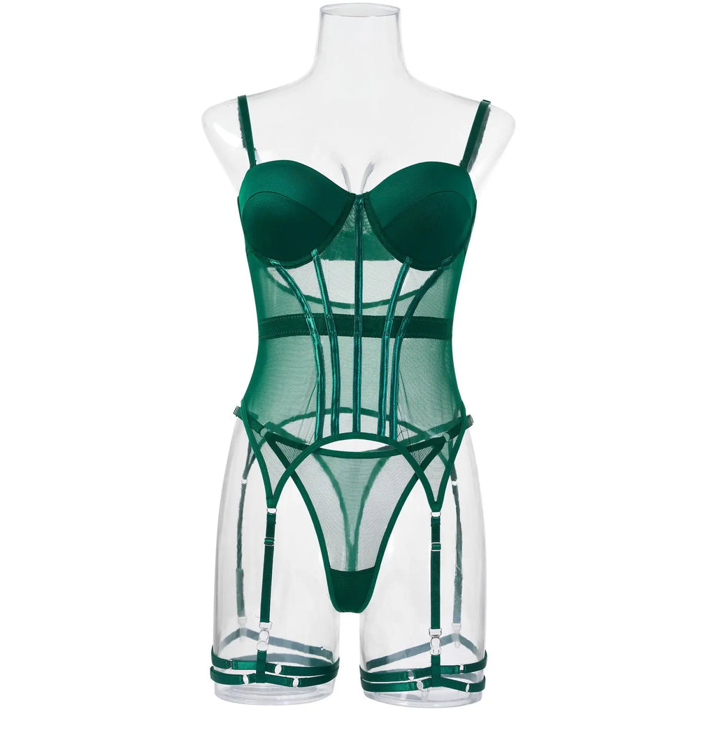 Mesh Lingerie Bodysuit Set – Backless Lace 3 Piece Lingerie for Women