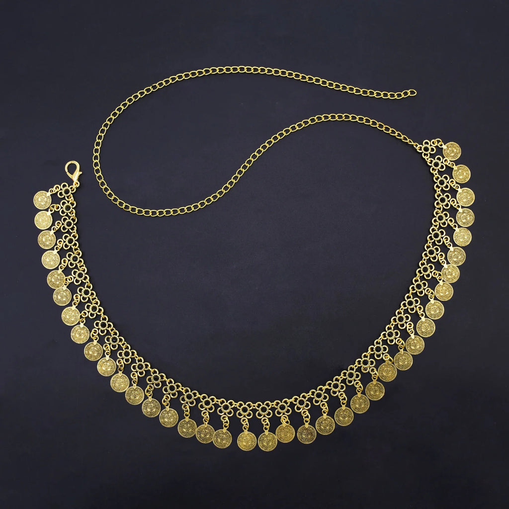 Gold coin chain necklace with multiple dangling coins on black background