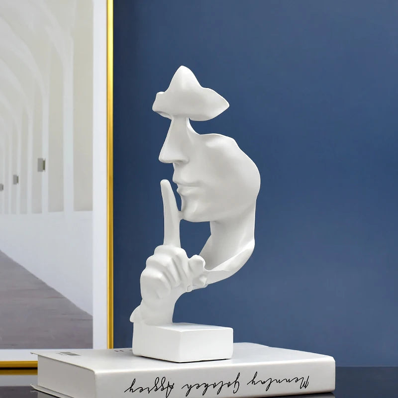 Abstract Thinker Resin Statue – Gold Silence Face Sculpture for Home Decor