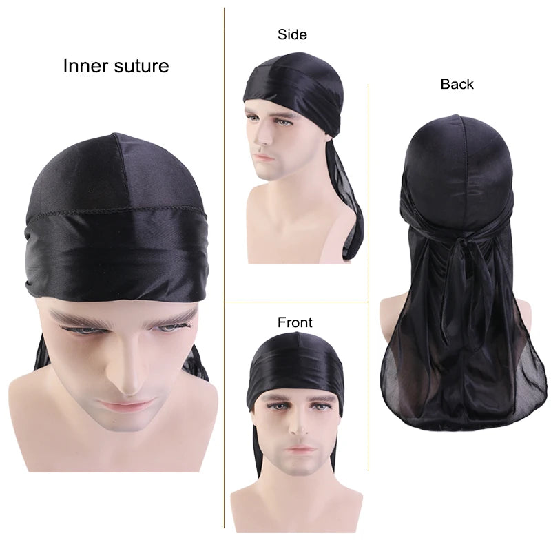 Silky Long Tail Durag – Satin Wave Cap for Men and Women Hair Styling