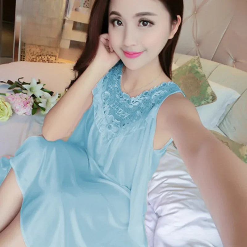 Ice Silk Sleep Dress – Plus Size Women's Tank Nightgown for Summer Housewear