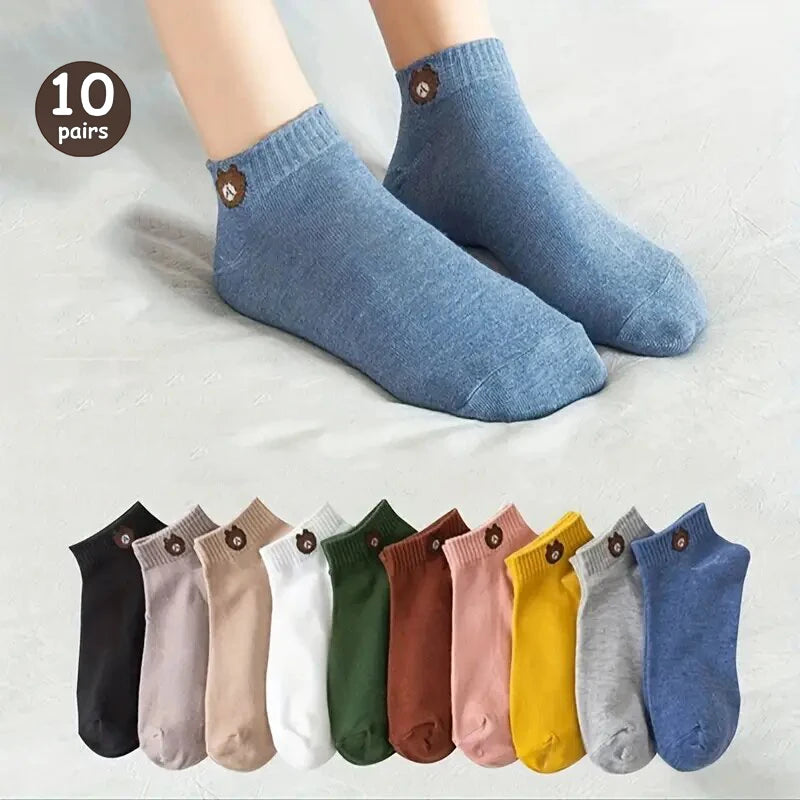 Cartoon Teddy Bear Ankle Socks – Breathable Cotton Casual Footwear for Women