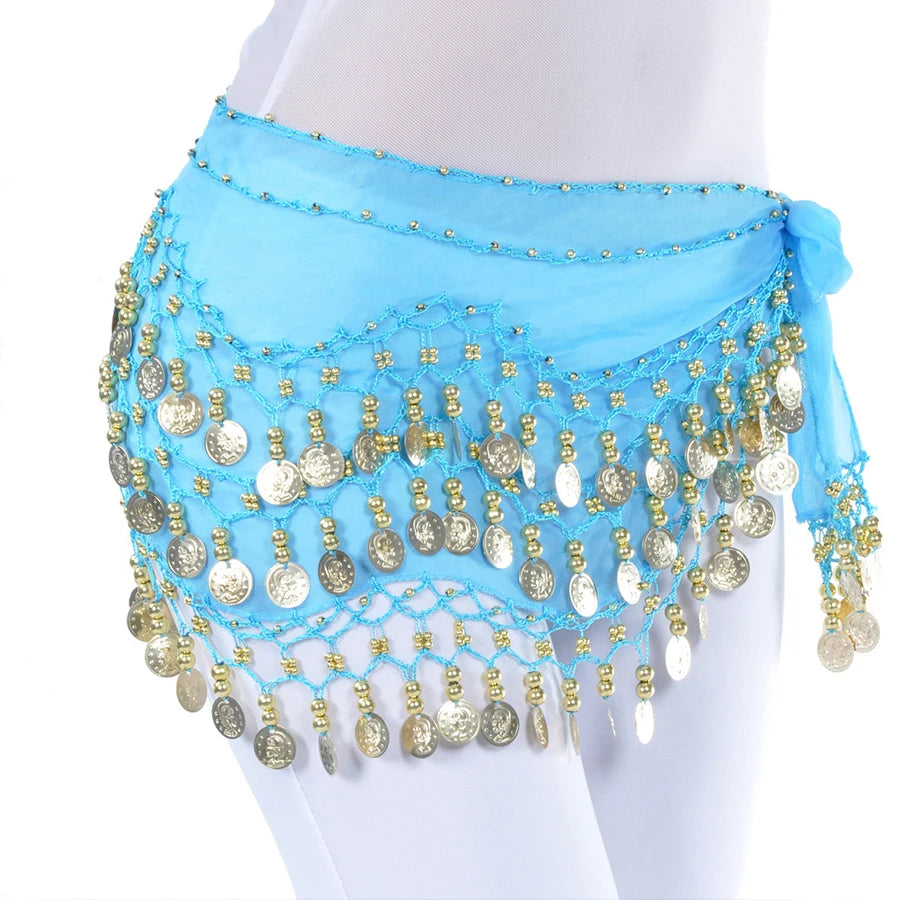 Blue belly dance hip scarf with gold coins and beads on white leggings