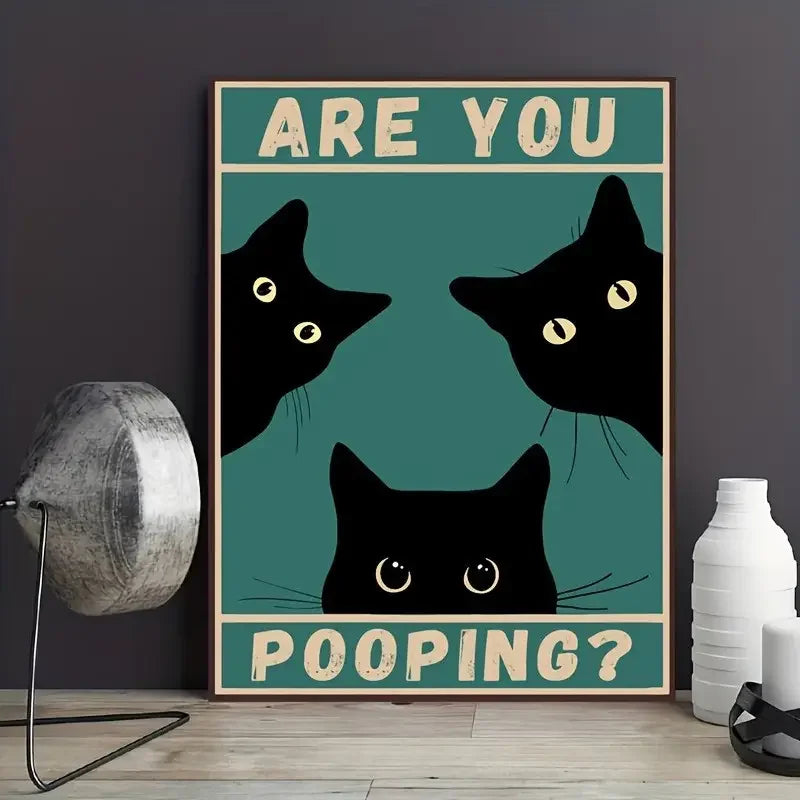 Funny Black Cat Newspaper Poster – Retro Bathroom Wall Art for Home Decor