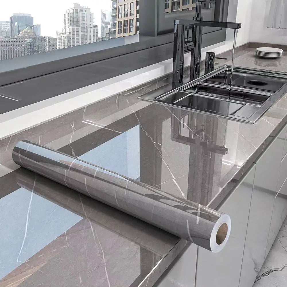 Marble Adhesive Wallpaper – Oil-Proof Film for Kitchen Countertop Renovation