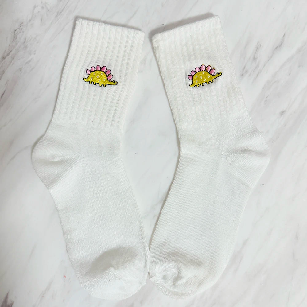 Embroidered Dinosaur Ankle Socks – Cute Cartoon Cotton Socks for Women
