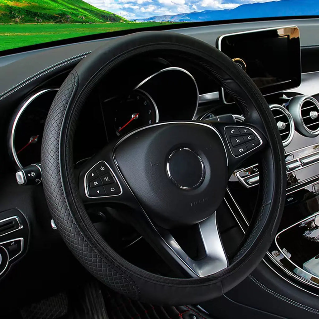 Embossed Leather Steering Wheel Cover – 15 Inch Universal Car Interior Decor