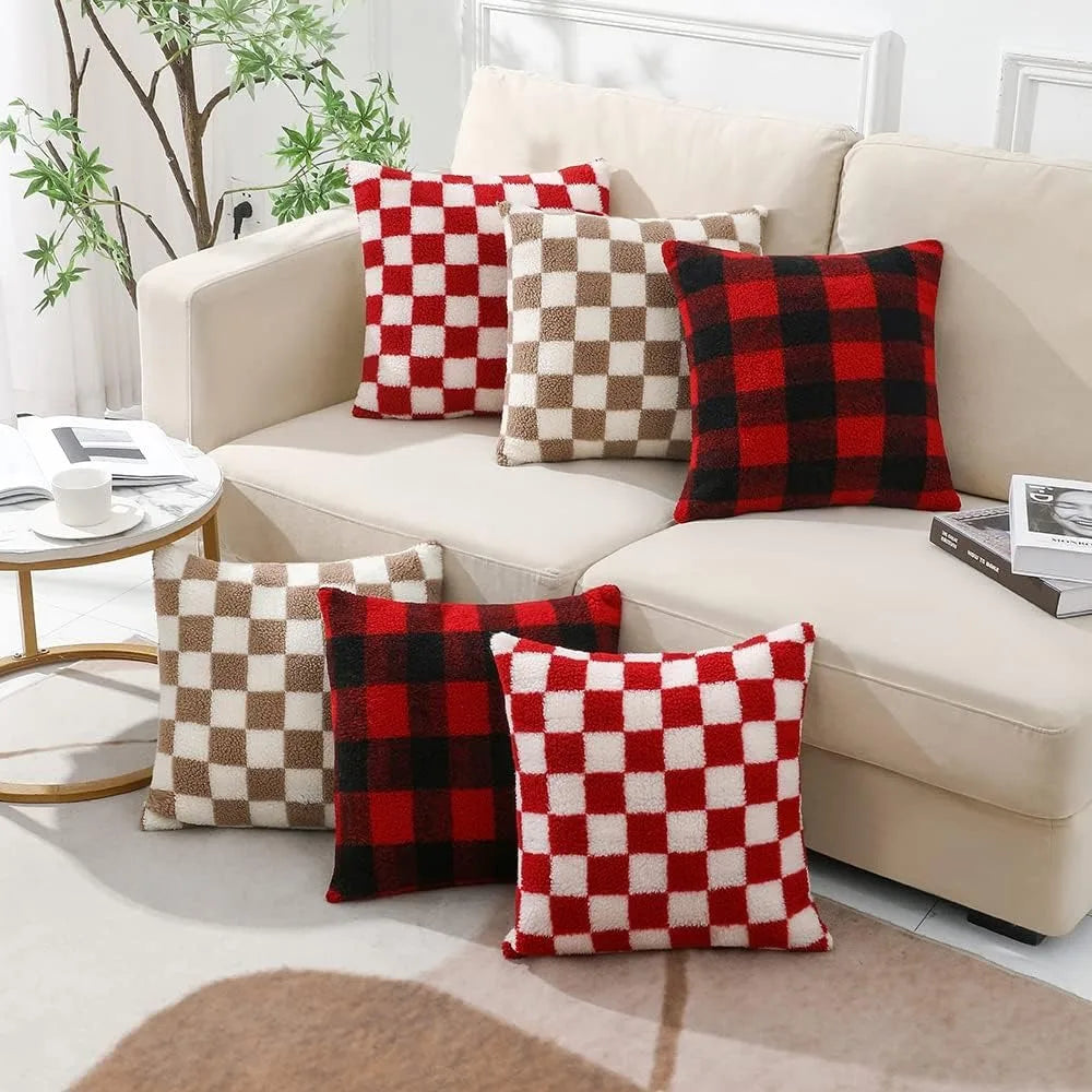 Black Faux Fur Throw Pillow Cover – Checked Wool Cushion for Sofa Decor