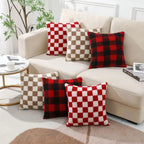 Black Faux Fur Throw Pillow Cover – Checked Wool Cushion for Sofa Decor