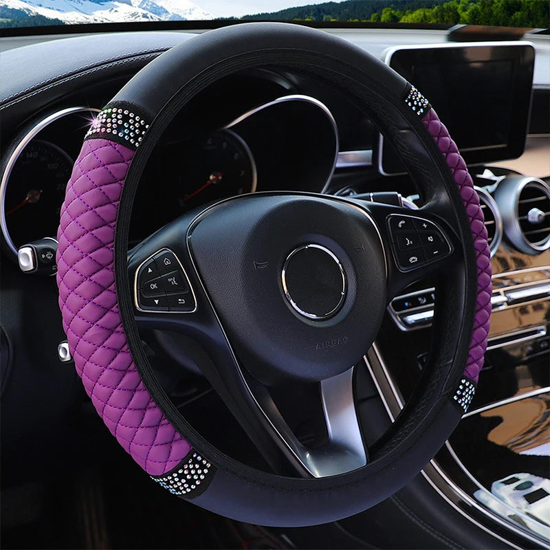 Embroidered Diamond Steering Wheel Cover – Universal Leather for Car Interior