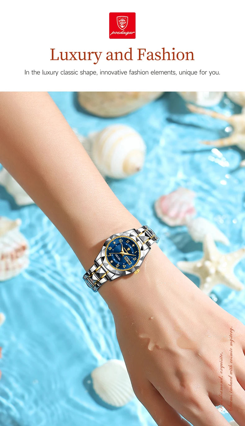 POEDAGAR Quartz Women's Watch – Stainless Steel Waterproof Date for Dress