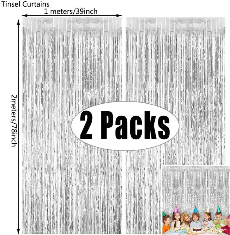 Metallic Foil Tinsel Fringe Curtains – Silver Backdrop for Party Decoration