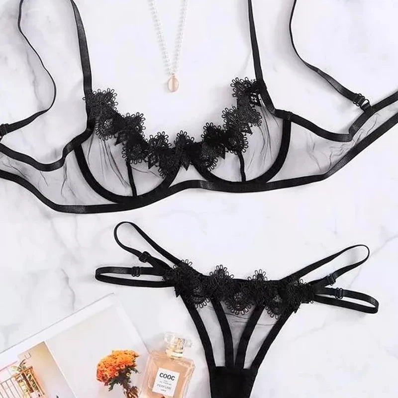 Lace Mesh Lingerie Set – See-through Floral Embroidery for Romantic Evenings