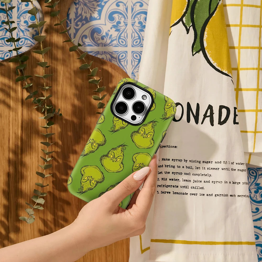 Grinch Face Phone Case – Double-Layer Protective Cover for Christmas