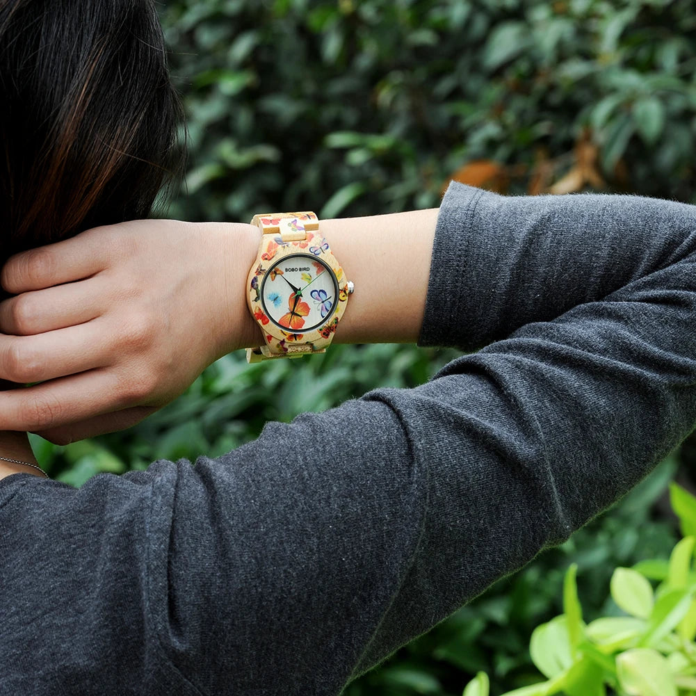 BOBO BIRD Wooden Women's Watch – Floral Engraved Handmade Quartz Wristwatch