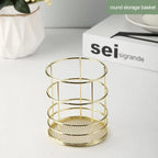 Gold Iron Storage Basket – Geometric Desktop Organizer for Makeup Brushes