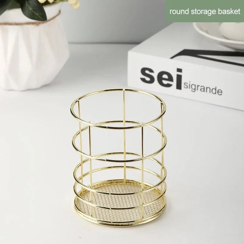 Gold Iron Storage Basket – Geometric Desktop Organizer for Makeup Brushes