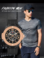 Mens Rose Gold Silicone Sports Watch – 46mm Hollow Dial for Daily Fashion