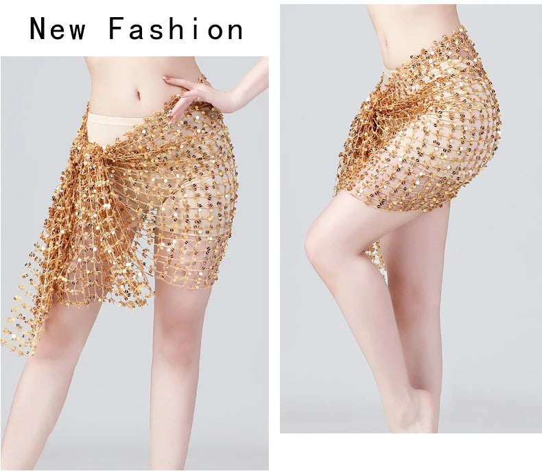 Gold sequin mesh beach cover up skirt on a model, stylish swimwear accessory