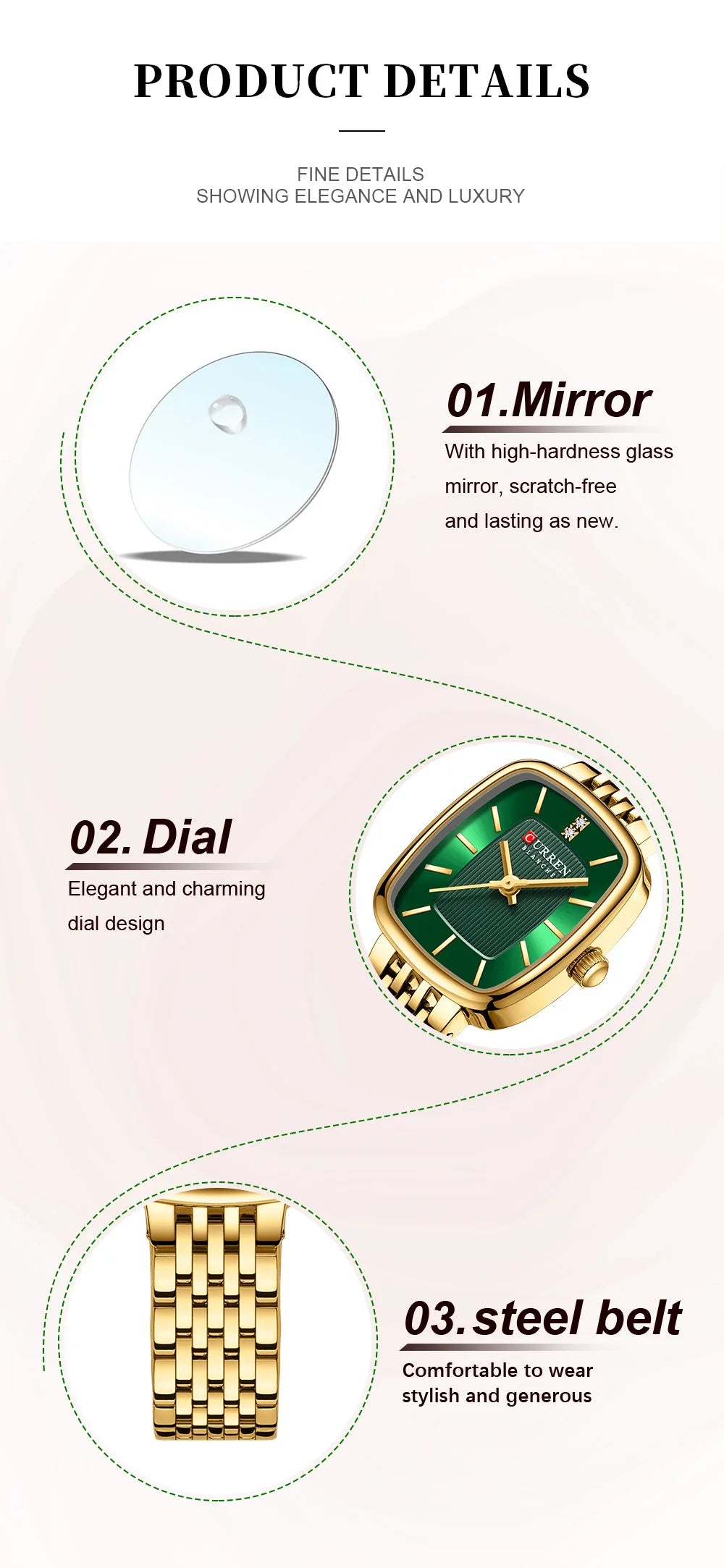 Gold Stainless Steel Quartz Watch – Elegant Square Dial for Business Fashion