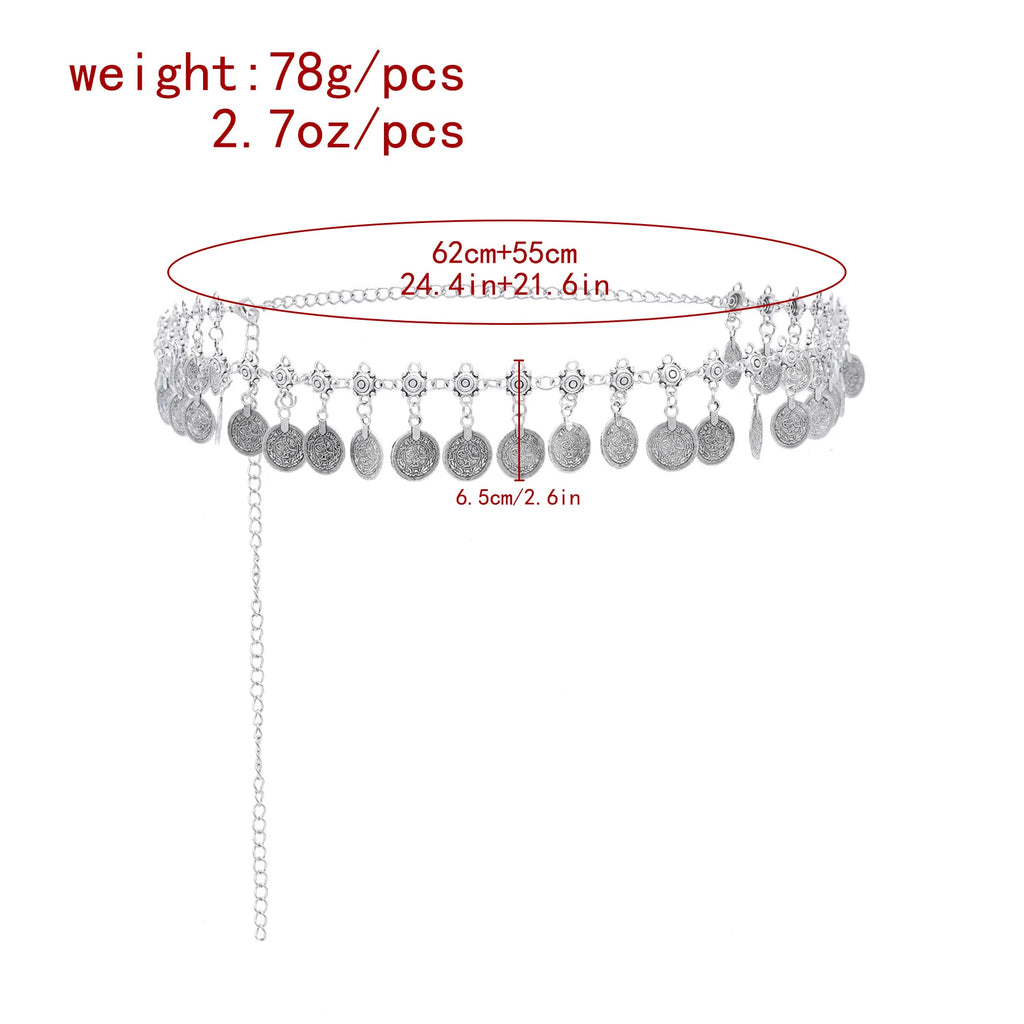 Silver coin belt with dangling medallions, chain detail, and dimensions in centimeters and inches