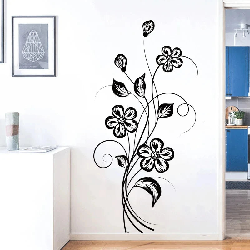 Black Flower Wall Decal – Waterproof Self-Adhesive Art for Home Decor