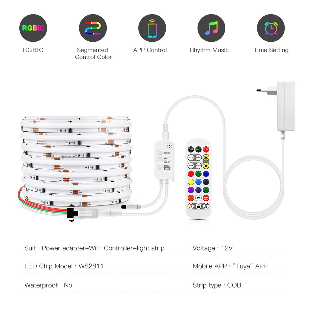 Addressable COB LED Strip Light – RGBIC WIFI Tape for Smart Home Decor