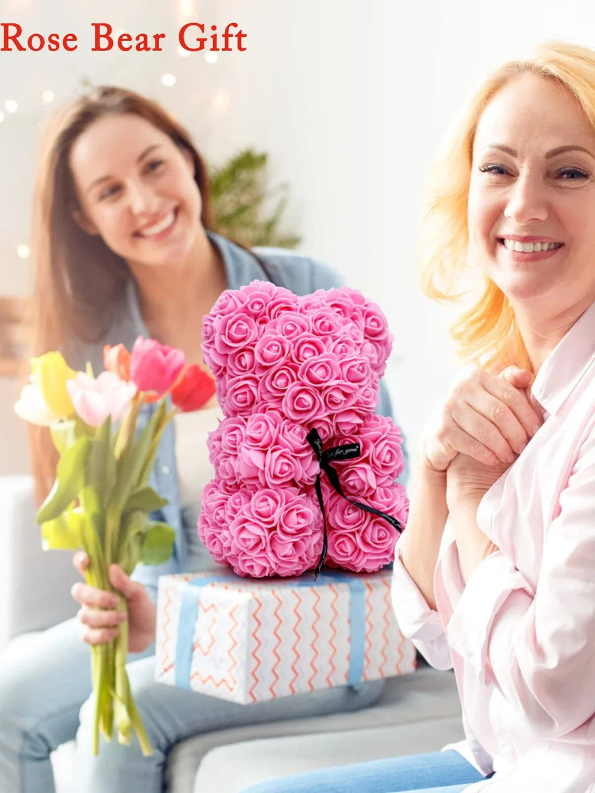 Artificial Rose Teddy Bear – 25cm Flower Figurine for Anniversary Gifts