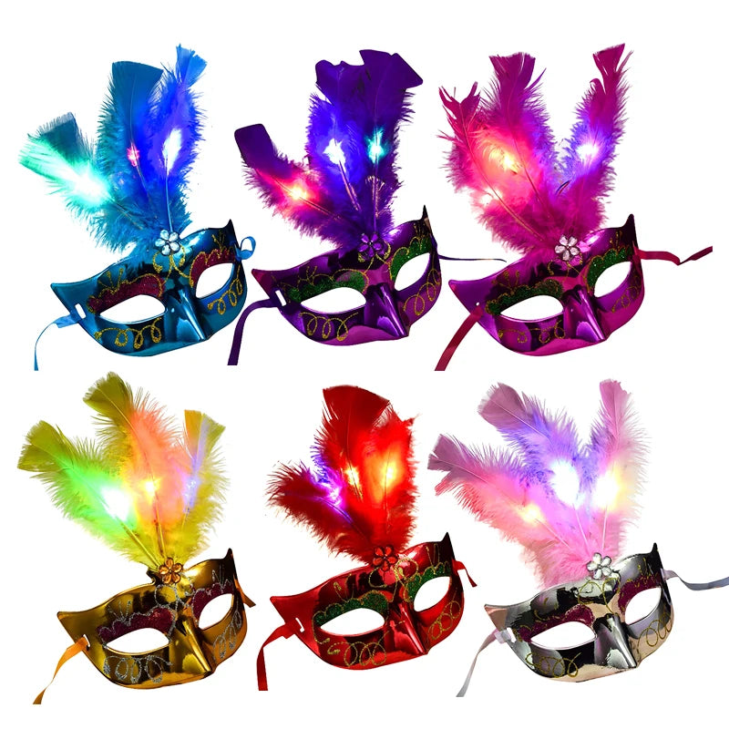 LED Feather Masquerade Mask – Glowing Venice Carnival Cosplay Costume