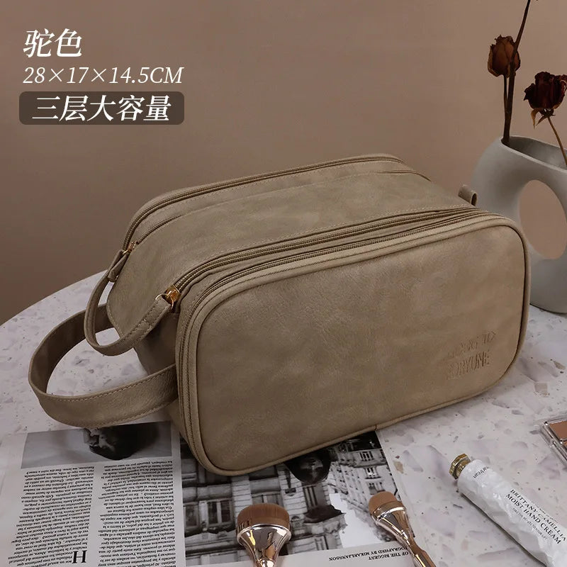 Large PU Leather Makeup Bag – Double Zipper Organizer for Travel Toiletries