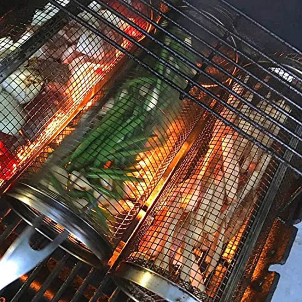 Stainless Steel Rolling Grill Basket – Cylindrical Mesh Rack for BBQ Camping