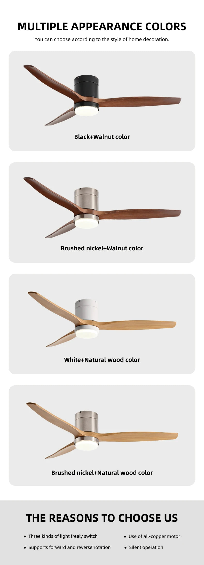 Solid Wood Ceiling Fan – 42/52 Inch LED Light for Living Room Dining