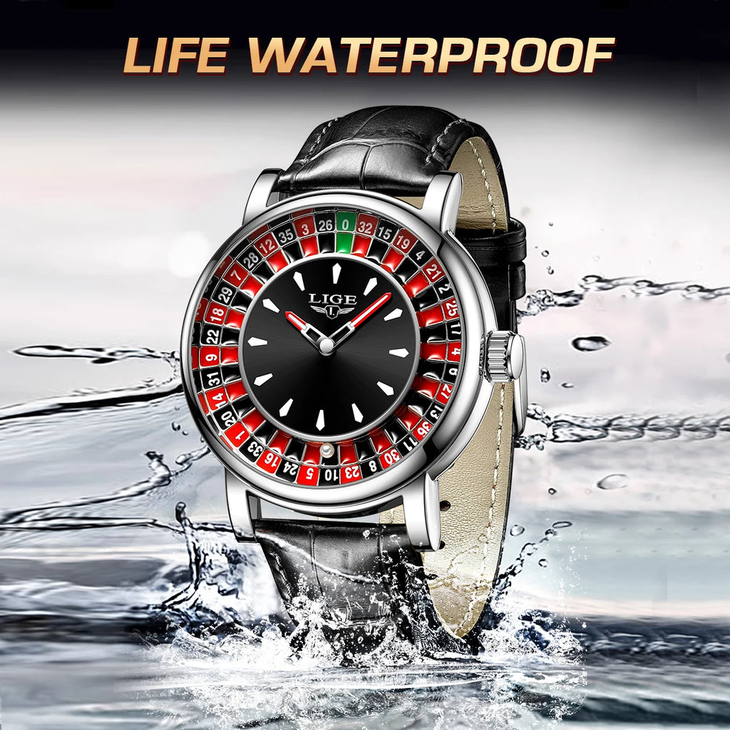 LIGE Roulette Quartz Watch – Luxury Leather Wristwatch for Men Gifts