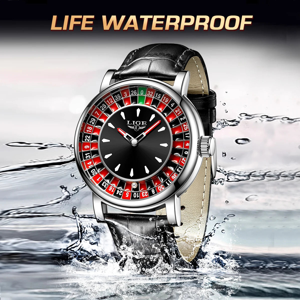 LIGE Roulette Quartz Watch – Luxury Leather Wristwatch for Men Gifts