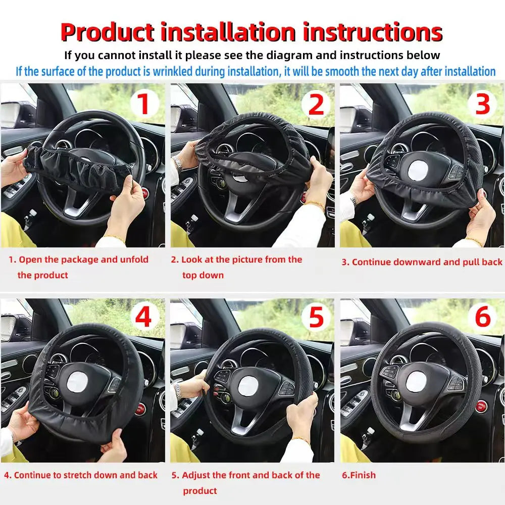 Embossed Leather Steering Wheel Cover – 15 Inch Universal Car Interior Decor