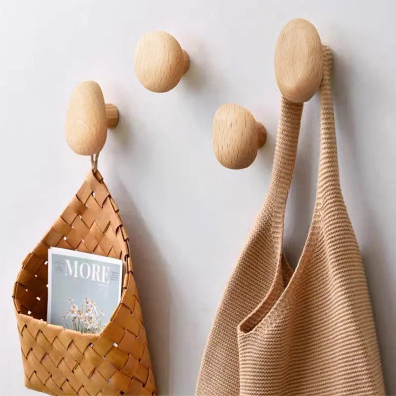 Natural Wooden Wall Hooks – Minimalist Coat and Hat Hanger for Entryway