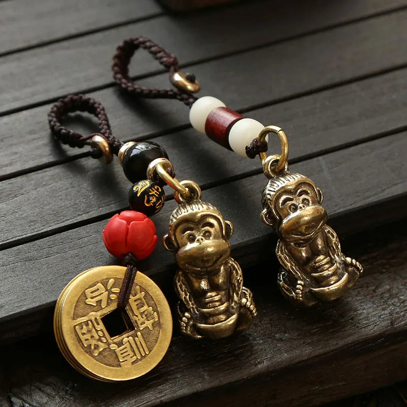 Brass Monkey Key Ring – Feng Shui Lucky Coin Charm for Car Keychain Decor
